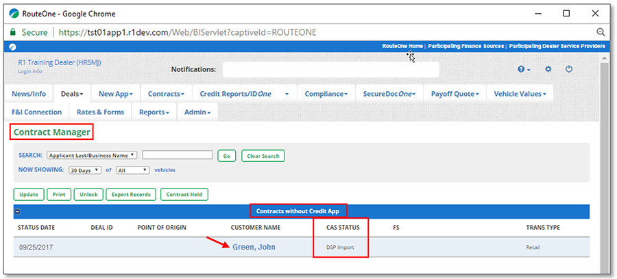 The Contract Manager Page with a box highlighting the title, a box highlighting the ‘Contracts without Credit App’ section title, an arrow pointing to the example contract’s customer name, and a box highlighting the ‘CAS Status’ column.