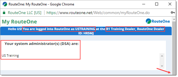 Box around User ID. Box around Dealer ID. Box around DSA name. Arrow pointing to scroll bar. 