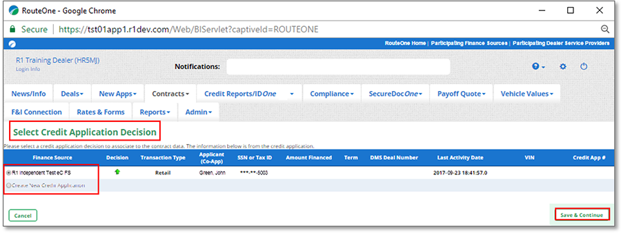 The Select Credit Application Decision page with boxes highlighting the page title, the finance source, and the ‘Save and Continue’ button.