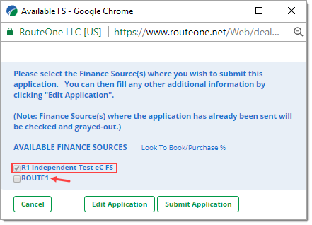 Box around greyed out finance source that has already been submitted to. Arrow pointing to finance source submitting to. 