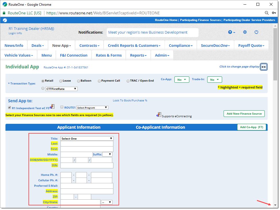 Box around Applicant Information fields. Arrow pointing to scroll down bar. 