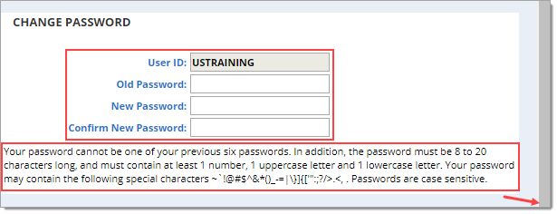 Box around fields for changing password. Box around password rules. Arrow pointing to scroll bar.