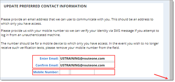 Box around Email Address and Mobile Number fields. Arrow pointing to scroll bar. 