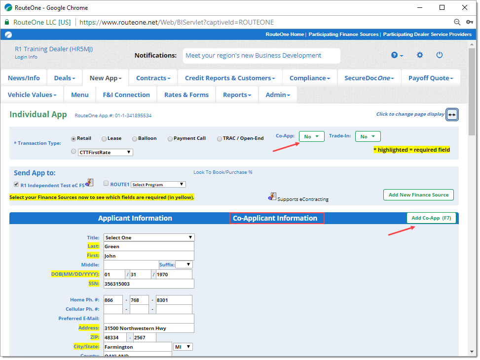 The Individual App page with arrows pointing to the ‘Co-App’ drop-down menu and the ‘Add Co-App (F7)’ button, and a box highlighting the ‘Co-Applicant Information’ title.