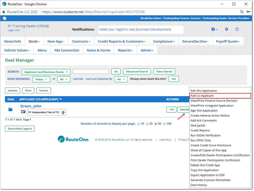 The Deal Manager page with the ‘Edit/More’ menu expanded, with an arrow pointing to the ‘Edit/More’ button and a box highlighting the ‘Add Co-Applicant' option.