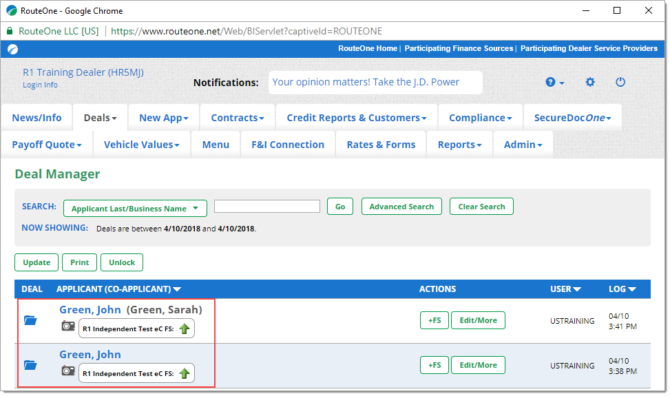 The Deal Manager page with a box highlighting both the example deal and the example deal with a co-applicant.