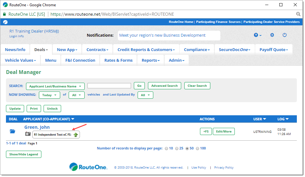 The Deal Manager page with an arrow pointing to the Decision Status of the example deal.