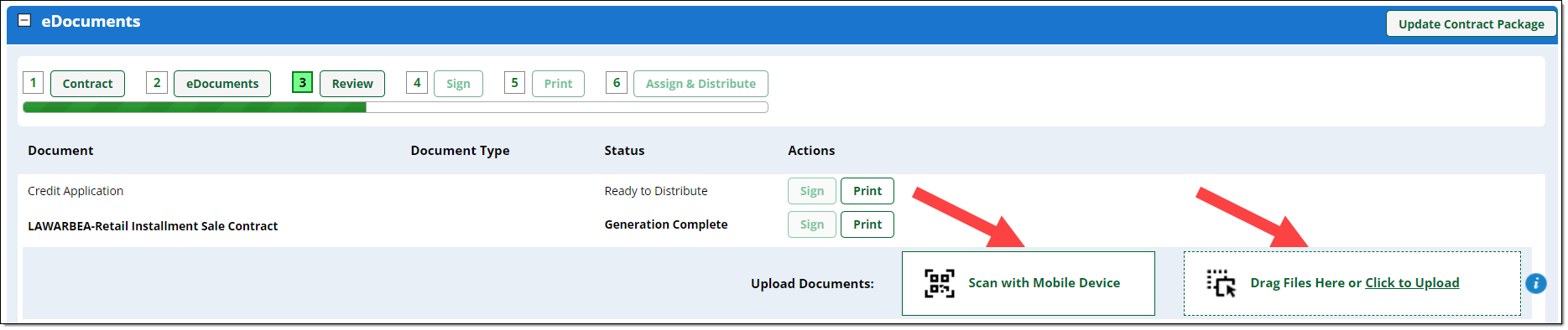 Contract Package page with no documents yet uploaded. Arrow pointing to ‘Scan with Mobile Device’ button and arrow pointing to ‘Drag Files Here or Click to Upload’ section.