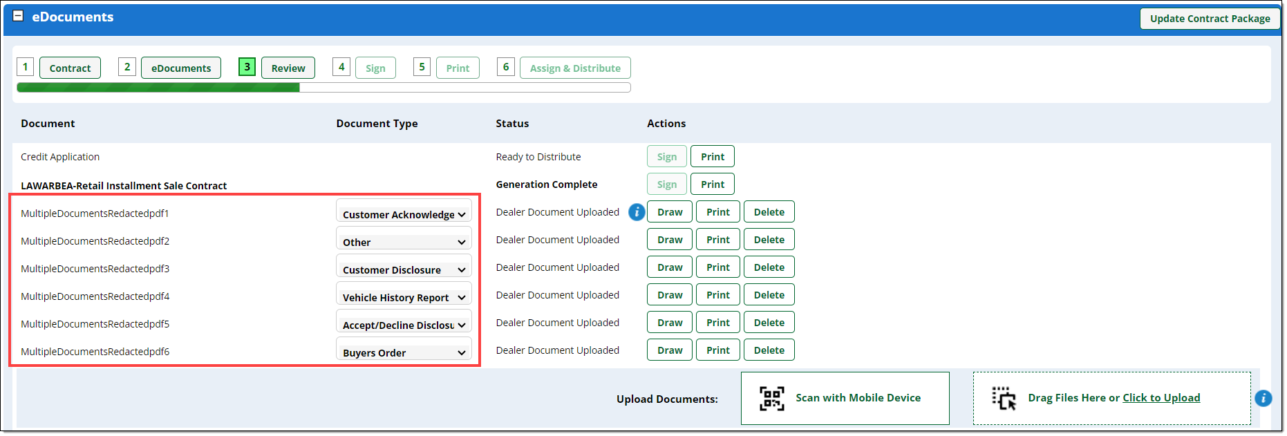 Box around the unique PDF files and their automatically pre-selected Document Types that were identified from the single file originally uploaded.  