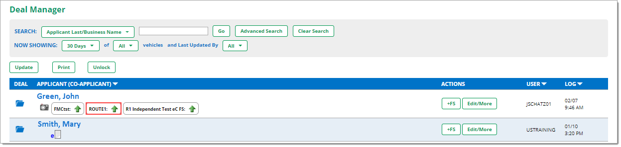 The Deal Manager page with a box highlighting a decision status on the example deal.