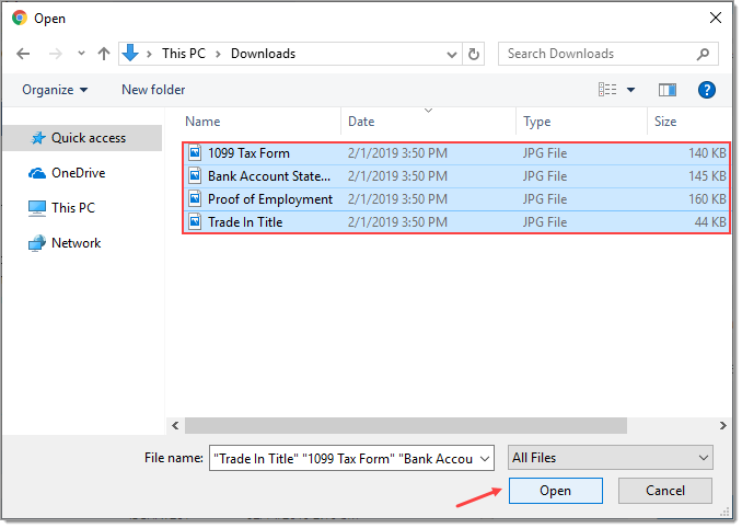 The file explorer pop-up with multiple files selected and an arrow pointing to the ‘Open’ button. 