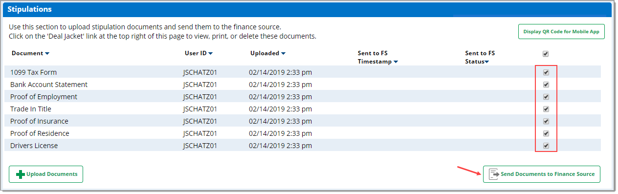 The Stipulation section with a box highlighting the checked checkboxes and an arrow pointing to the ‘Send Documents to Finance Source’ button.