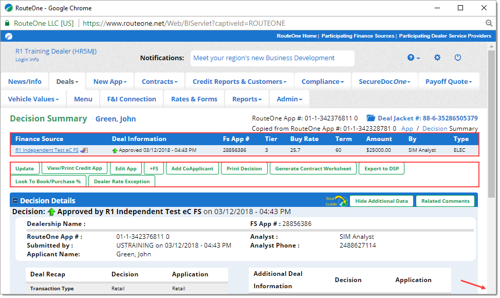 The Decision Summary page with boxes highlighting the basic information at the top of the page and the action buttons.