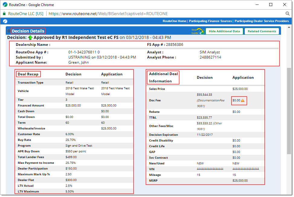 The Decision Details page with a box highlighting the page title and boxes highlighting each section, as well as boxes highlighting the ‘Deal Recap’ column title, the ‘Additional Deal Information’ column title, and the ‘Doc Fee’ of the Application, which is ‘$0.00’ marked with an exclamation point icon.