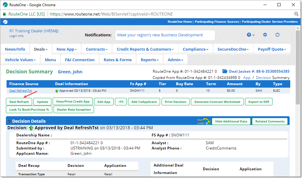 The Decision Summary page with an arrow pointing to the ‘Deal Refresh’ button.