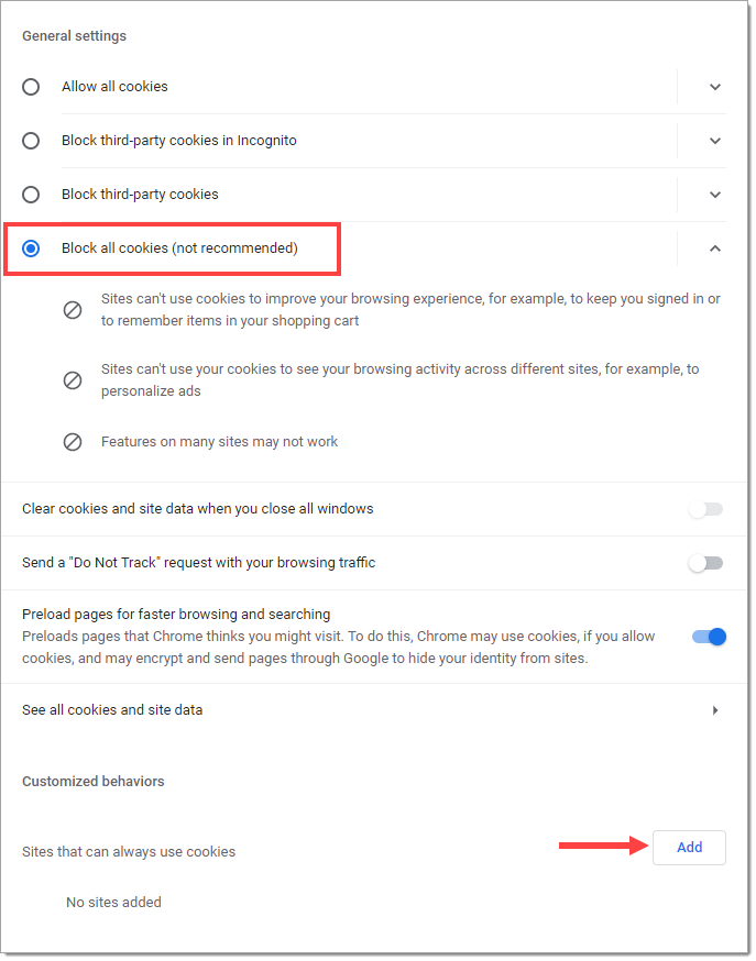 The ‘Cookies and site data’ page with the ‘Block all cookies (not recommended)’ selected and highlighted by a box, and an arrow pointing to the ‘Add’ button corresponding to ‘Sites that can always use cookies’ in the ‘Customized behaviors’ section.