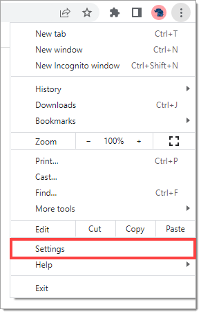 The menu that opens after clicking the icon of three vertical dots in the upper right corner of the Google Chrome browser, with the ‘Settings’ option highlighted by a box. 