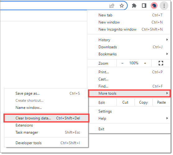 The menu that opens after clicking the icon of three vertical dots in the upper right corner of the Google Chrome browser, with the ‘More tools’ menu expanded.  The ‘More tools’ option is highlighted by a box as well as the ‘Clear browsing data…’ option in the submenu.   