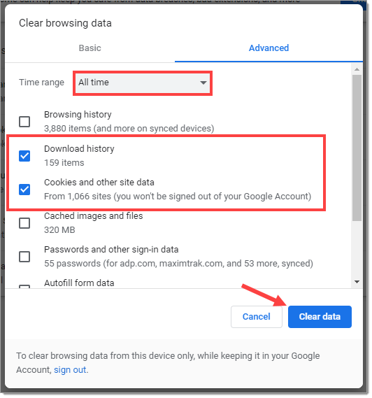 The ‘Clear browsing data’ pop-up window with the ‘Time range’ drop-down set to ‘All time,’ the checkboxes for ‘Download history’ and ‘Cookies and other site data’ checked, and an arrow pointing to the ‘Clear data’ button. 