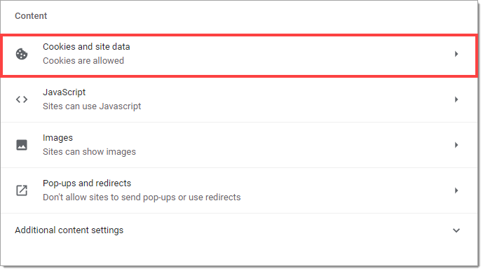 The ‘Content’ section of the ‘Site Settings’ page, with the ‘Cookies and site data’ link highlighted by a box.