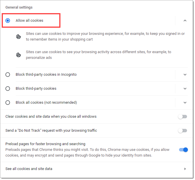 The ‘Cookies and site data’ page with the ‘Allow all cookies’ option selected and highlighted by a box.