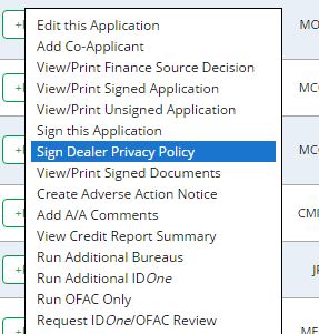 The ‘Edit/More’ drop-down menu with the ‘Sign Dealer Privacy Policy’ option highlighted.