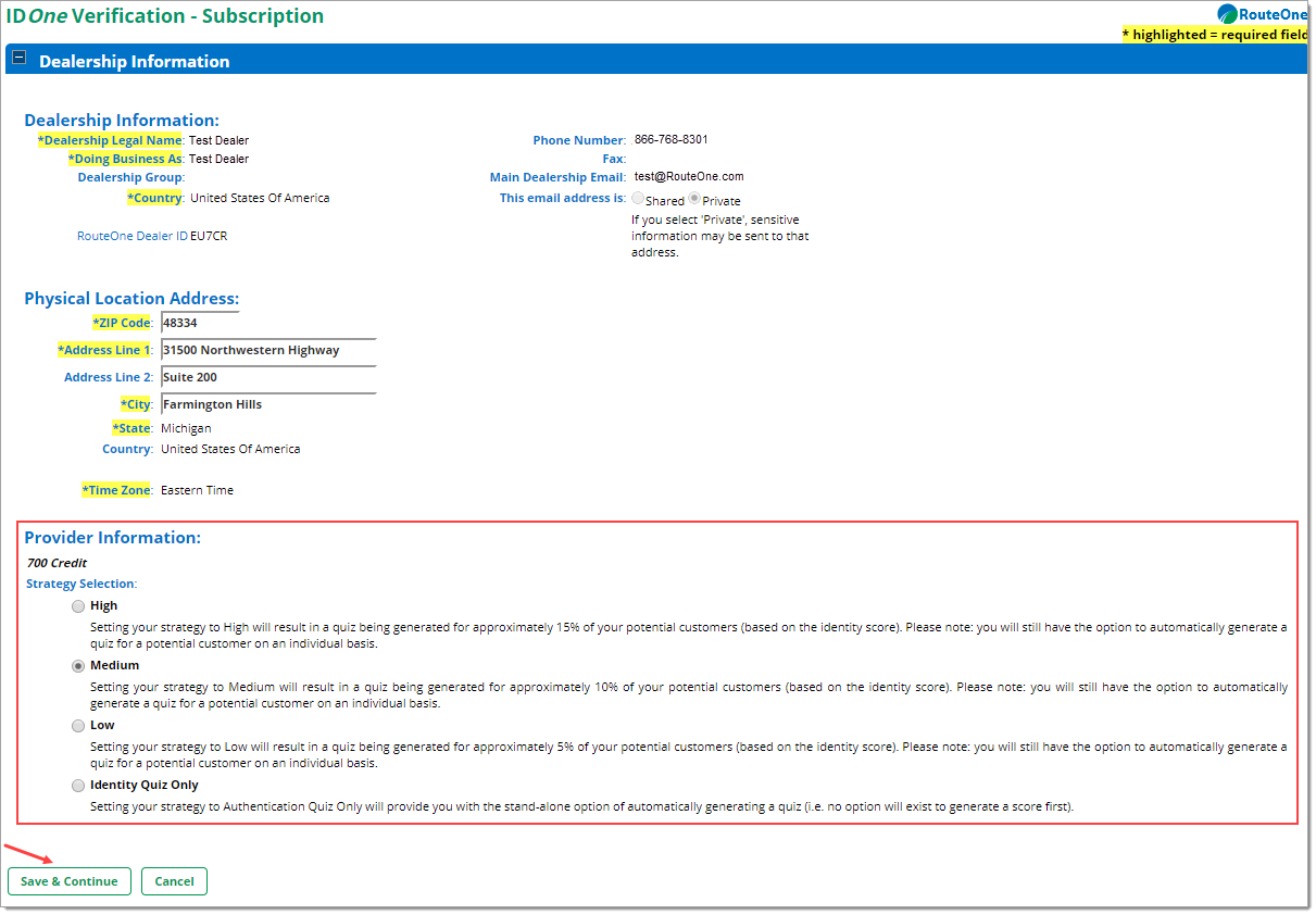 Box around ‘Strategy Selection’ options for IDOne Verification. Arrow pointing to ‘Save & Continue’ button. 