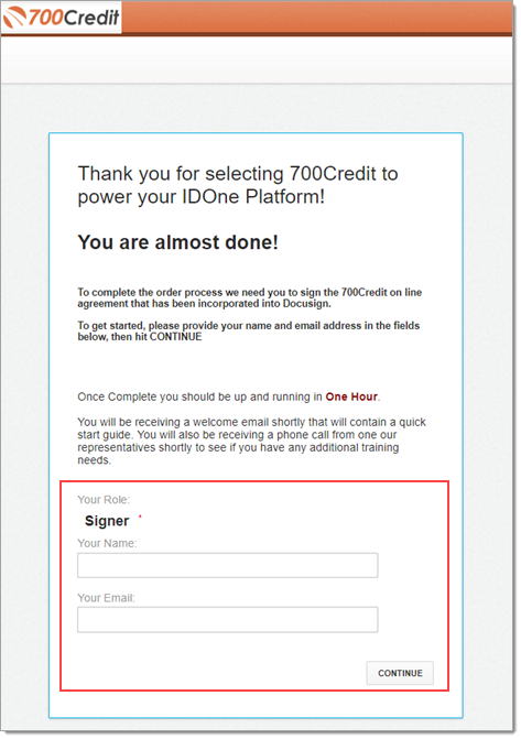 Pop-up message from 700 Credit prompting you to complete the subscription, with box around fields for signing the required documentation. 