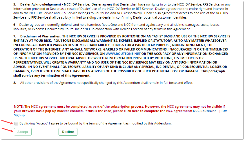 Arrow pointing to checkbox to ‘Accept’ the terms of the IDOne Agreement. Arrow pointing to ‘Accept’ button. 