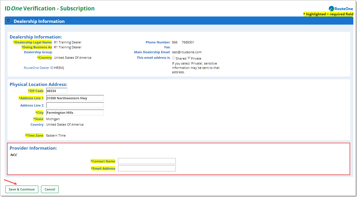 Box around ‘Provider Information’ fields to input. Arrow pointing to ‘Save & Continue’ button. 