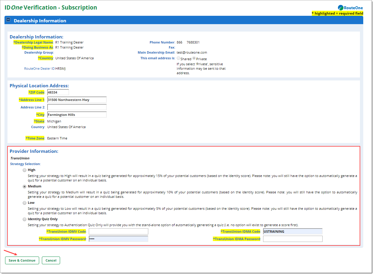 Box around ‘Strategy Selection’ options for IDOne Verification. Arrow pointing to ‘Save & Continue’ button. 