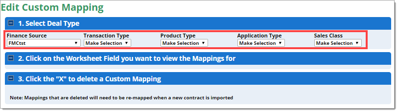 The Edit Custom Mapping page with a box highlighting the drop-down menus under the Select Deal Type section.