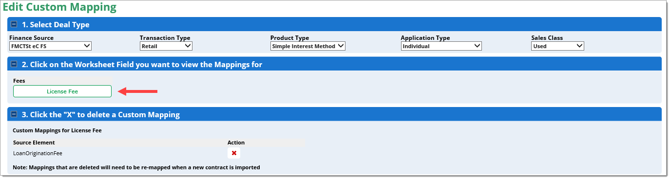 The Edit Custom Mapping page with an arrow pointing to the 'License Fee' worksheet field.