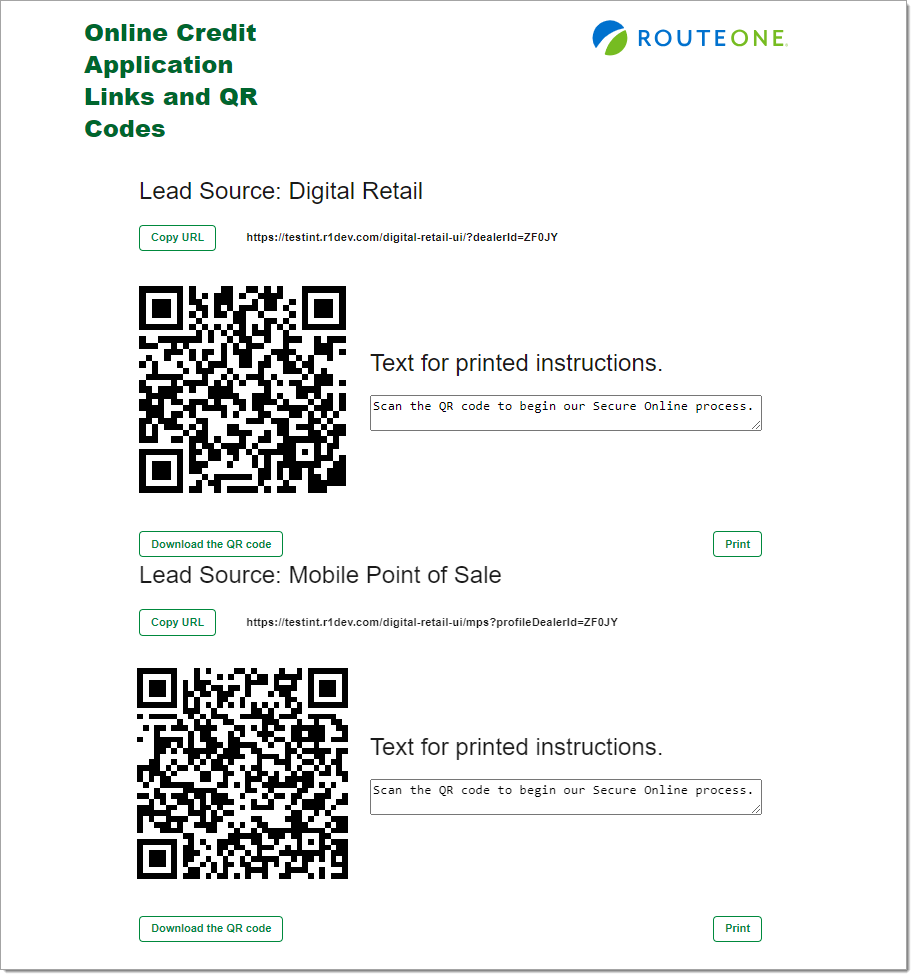 The Online Credit Application Links and QR Codes page, showing two QR codes and links.