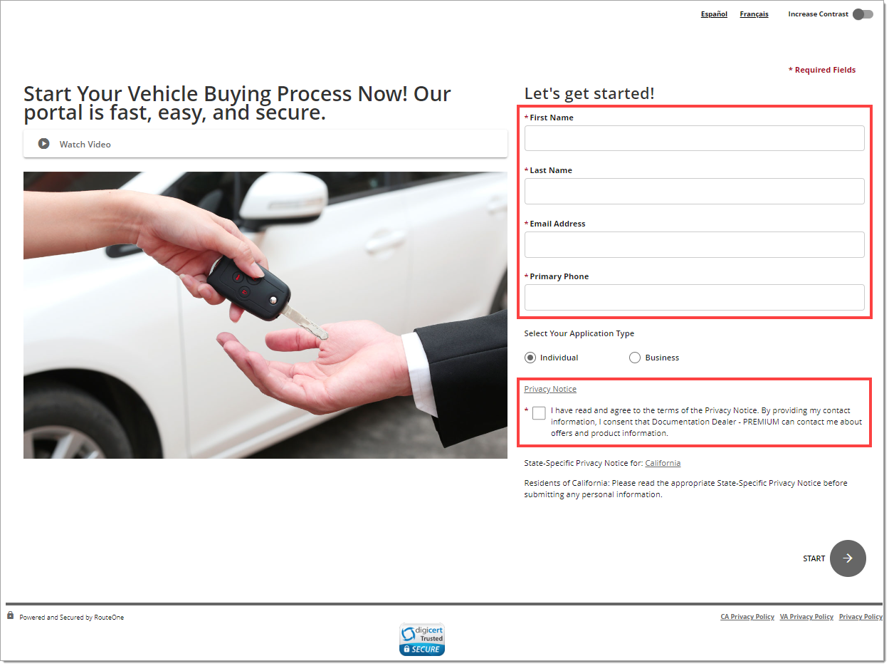 The start page of the online credit application with boxes highlighting the basic information  fields and the privacy agreement statement.