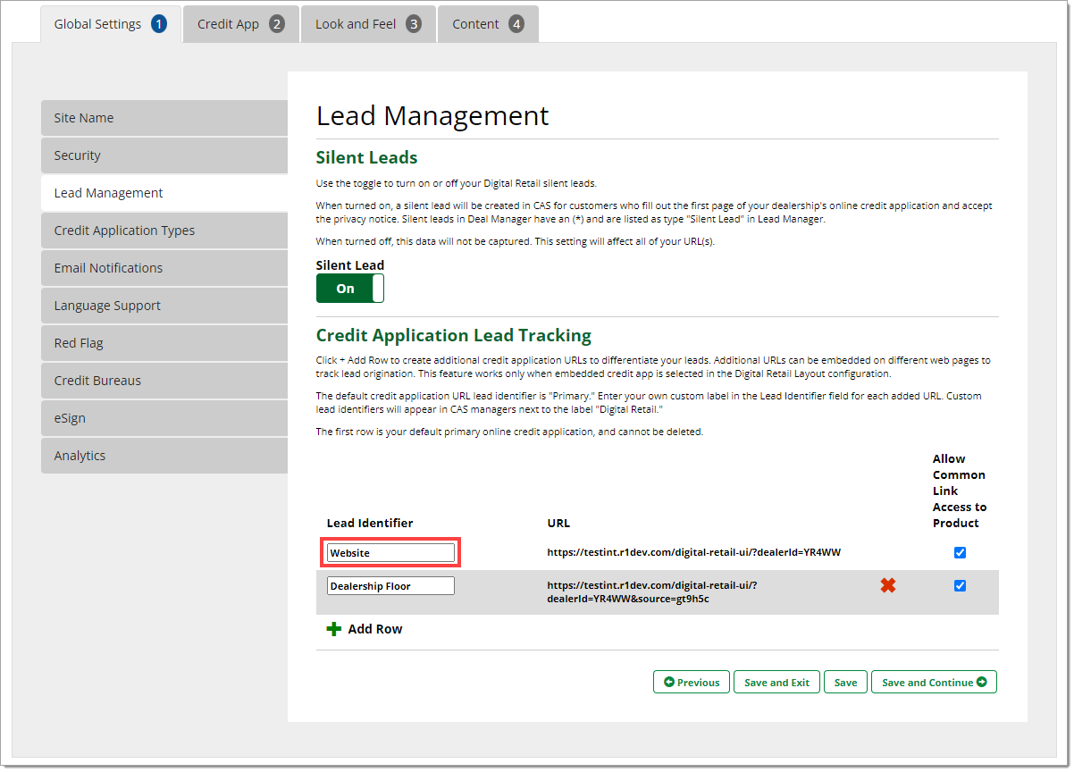 The Lead Management page, with a box highlighting the word “Website” entered in the “Lead Identifier” field and the generated URL.