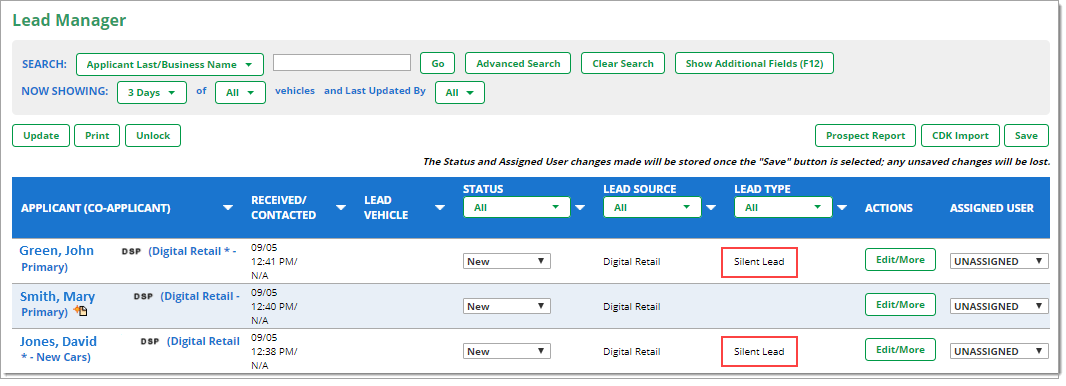 The Lead Manager page with “Silent Lead” highlighted by a box under the “Lead Type” column of two applicants.