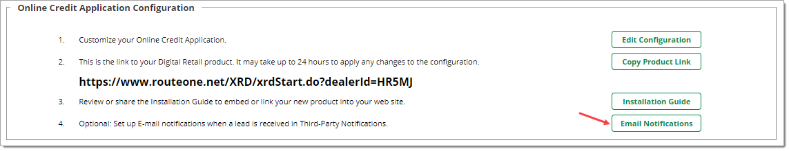 The Online Credit Application Configuration section of the Premium Services page, with an arrow pointing to the ‘Email Notifications’ button.