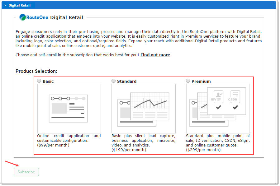 The Digital Retail section of the Premium services page.  A box highlights the options: Basic, Standard, and Premium, and an arrow points to the “Subscribe” button at the bottom left.