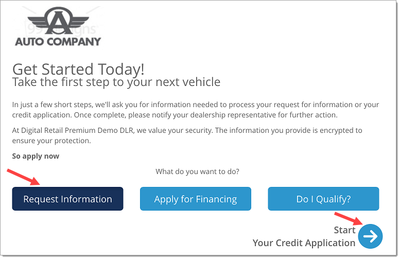 The introduction page of the MPS with arrows pointing to the ‘Request Information’ button and the ‘Start Your Credit Application’ button.