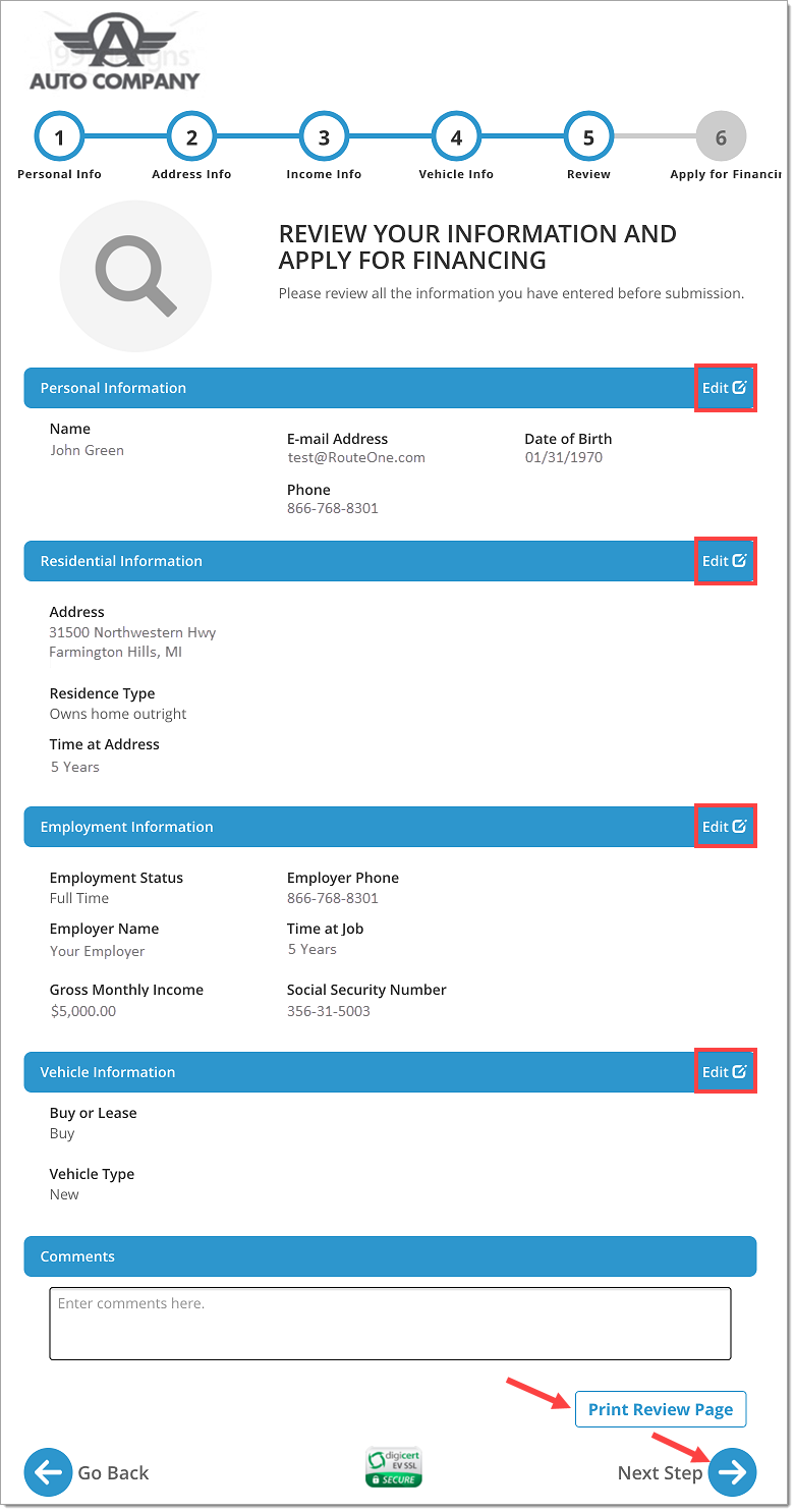 The Review page with boxes highlighting each Edit button, an arrow pointing to the ‘Print Review Page’ button, and an arrow pointing to the ‘Next Step’ button.