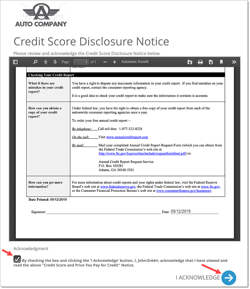 The Credit Score Disclosure Notice, with an arrow pointing to the checked acknowledgement statement and an arrow pointing to the ‘I Acknowledge’ button.