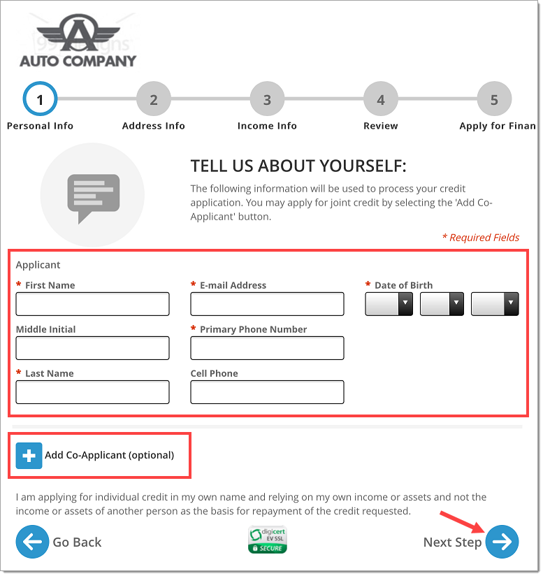 The Personal Information page with a box highlighting the empty fields, a box highlighting the ‘Add Co-Applicant (optional)’ button, and an arrow pointing to the ‘Next Step’ button.