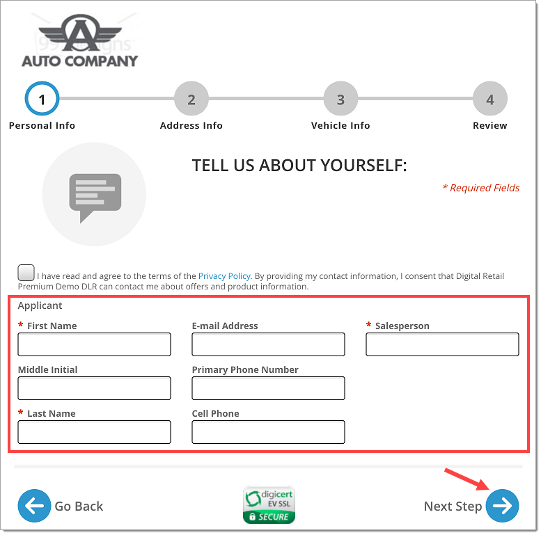 The Personal Information page with a box highlighting the empty fields and an arrow pointing to the ‘Next Step’ button.