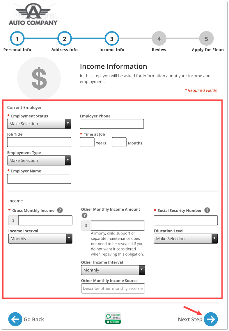 The Income Information page with a box highlighting the empty fields and an arrow pointing to the ‘Next Step’ button.