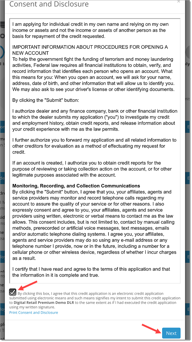 The Consent and Disclosure agreement, with an arrow pointing to the checked consent statement and an arrow pointing to the ‘Next’ button. 