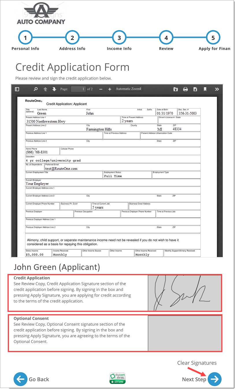 The Credit Application Form page with boxes highlighting the signature sections and an arrow pointing to the ‘Next Step’ button.