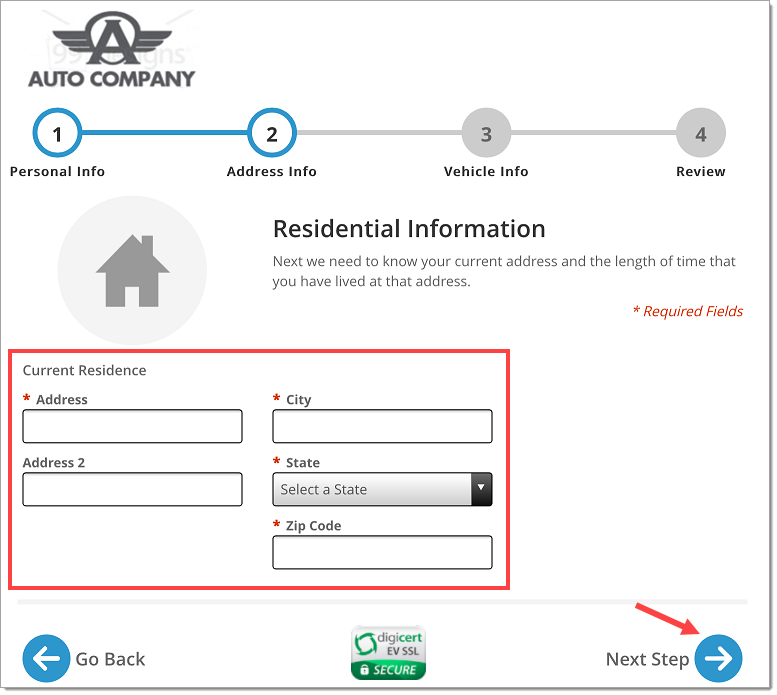 The Residential Information page with a box highlighting the empty fields and an arrow pointing to the ‘Next Step’ button.