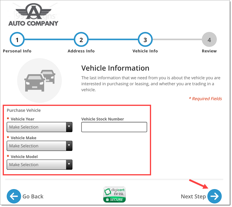 The Vehicle Information page with a box highlighting the drop-down menus and Vehicle Stock Number field, and an arrow pointing to the ‘Next Step’ button.