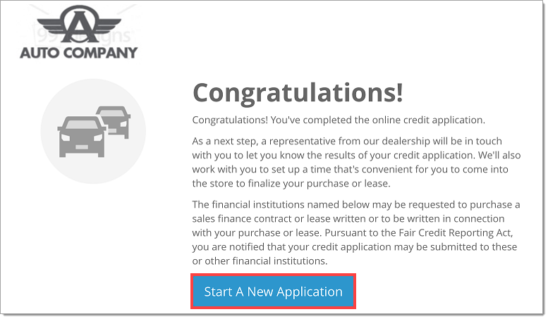 The Completed page with a box highlighting the ‘Start A New Application’ button.